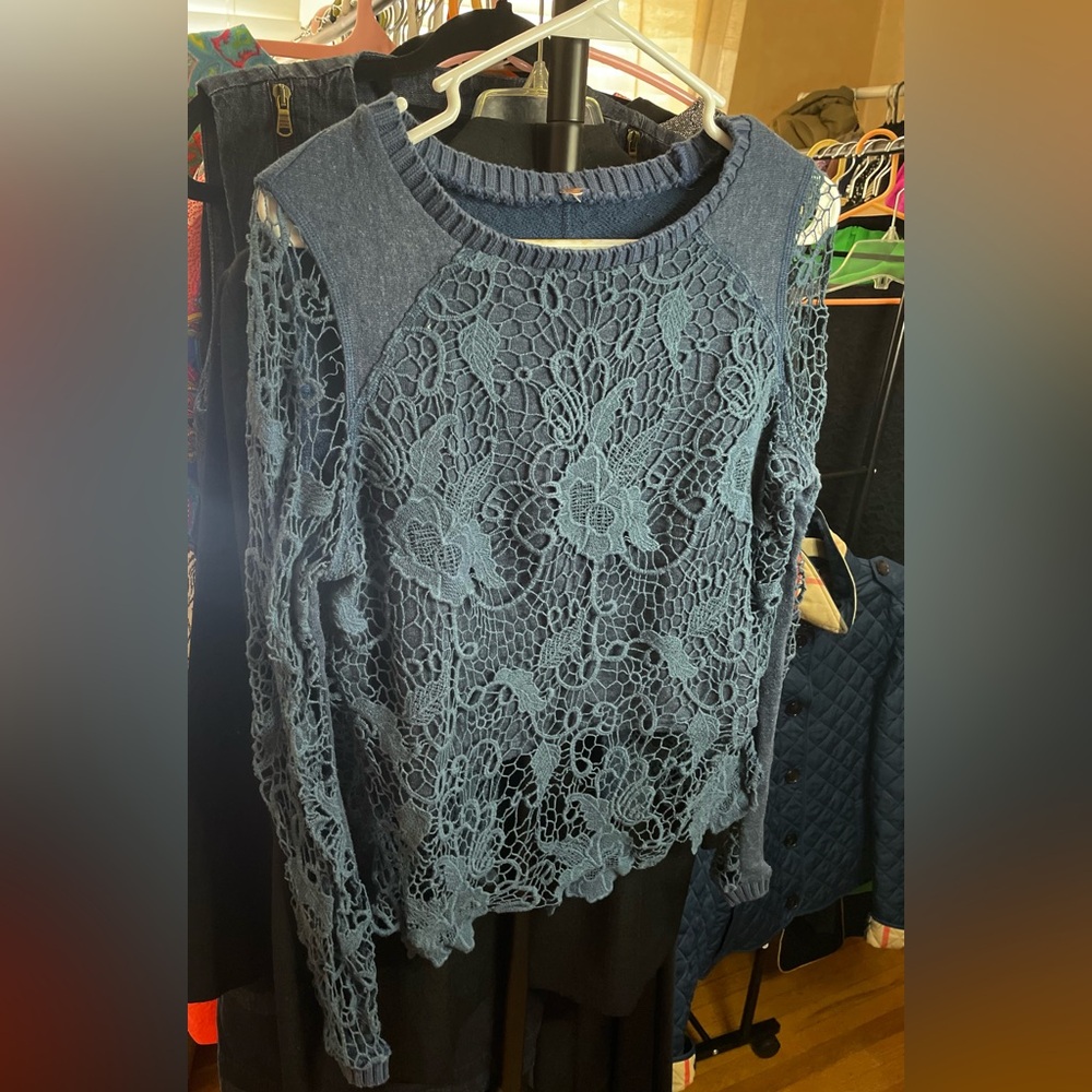 Anthropologie Free People Dark Teal Lace Overlay Blouse